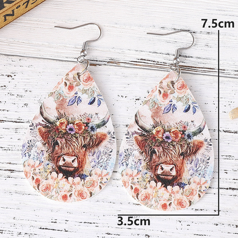 Wholesale Western cowboy flower bull head ring double-sided leather water drop earrings